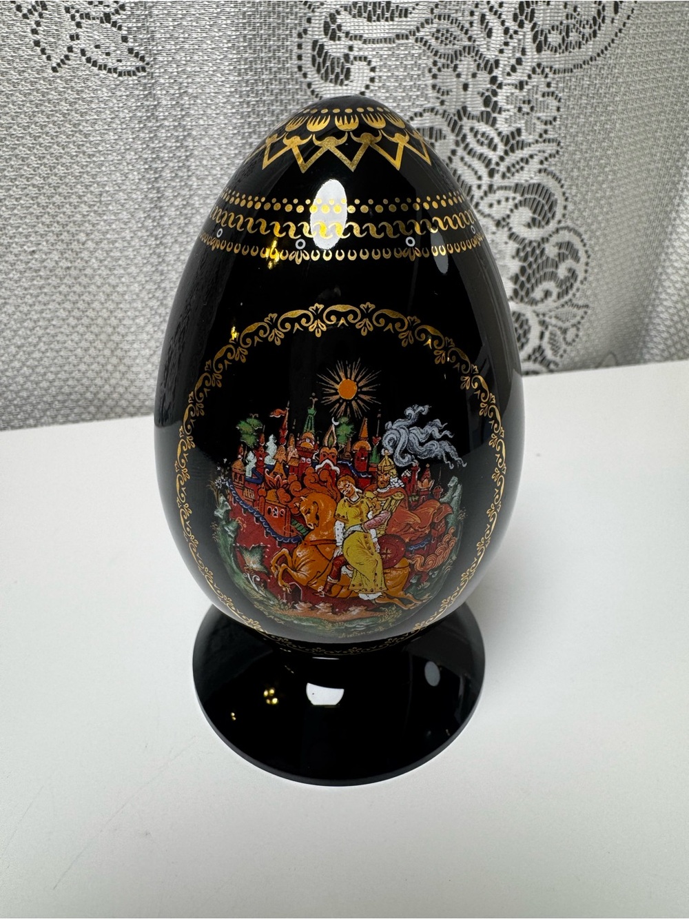 Vintage Russian Porcelain Lacquer Egg Ruslan Ludmila Palekh Senal 7048A